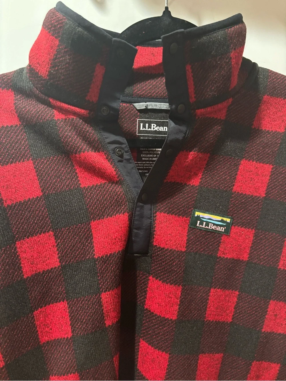NWOT L.L. Bean Men’s Sweater Fleece Snap Pullover Medium Buffalo Plaid Red Black